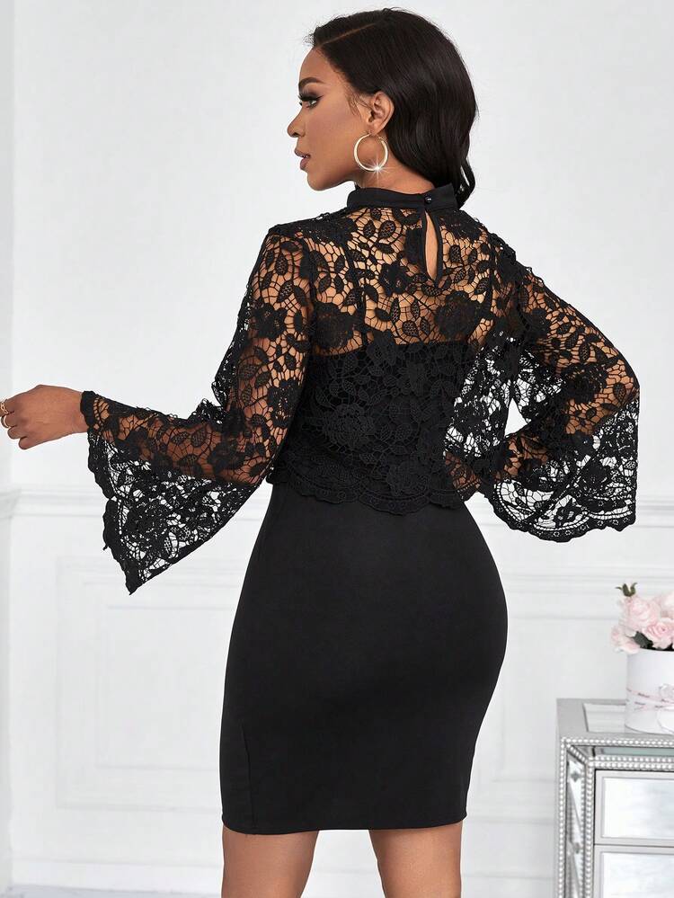 Solid Color Lace Splicing Bell Sleeve Dress