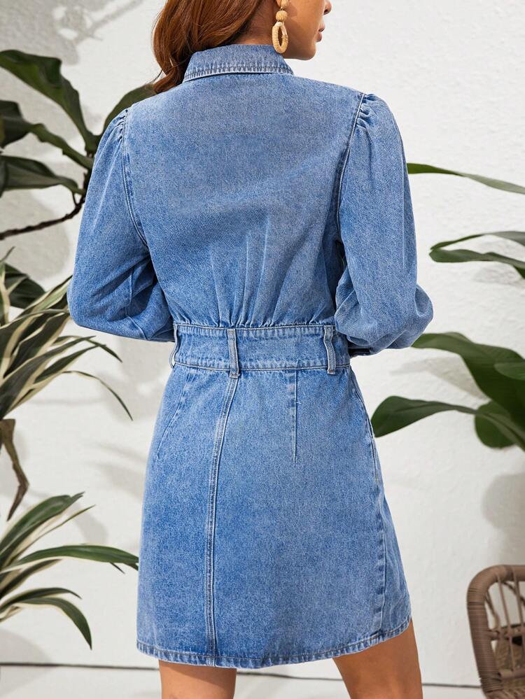 Women's Puff Long Sleeve Denim Shirt Dress