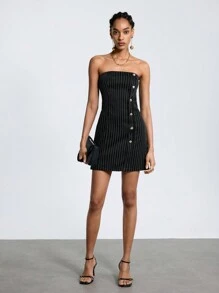 Maija Sọc Chi tiết Nút Quây Đầm - màu đen - Xem 3