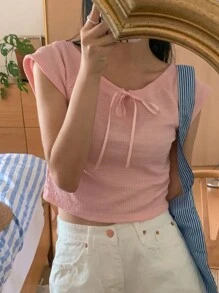 DAZY 女款純色領領帶細節 T 卹 - 粉色 - 查看 4