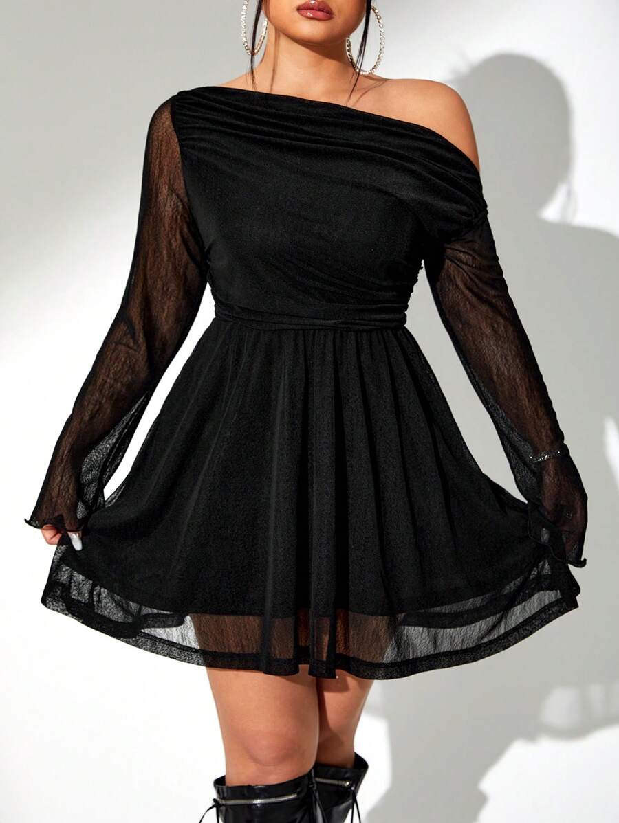 SHEIN ICON Plus Ruched Asymmetrical Shoulder Flare Hem Dress - Dark Grey - View 1