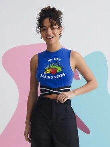 Mr Men Little Miss X SHEIN Cartoon And Letter Graphic Contrast Cross Wrap Hem Tank Top - Blue - View 3