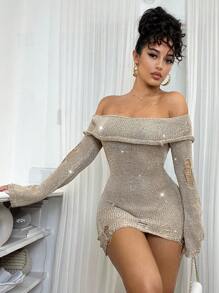 SHEIN BAE 秋冬露肩做旧长袖针织毛衣裙 - 卡其色 - 查看 6