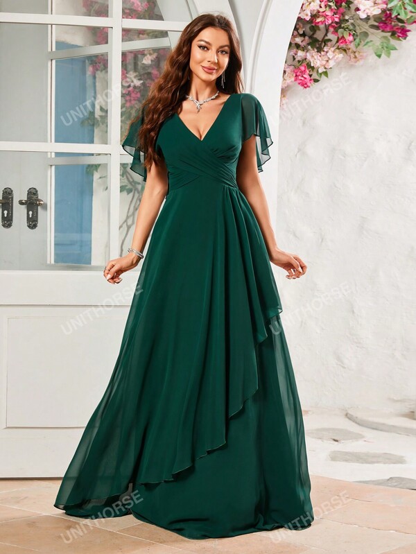 Vestido de dama de honor de gasa con escote cruzado delantero, borde asimétrico, elegante y formal para eventos de noche, graduación, cena, cumpleaños y fiestas para mujeres