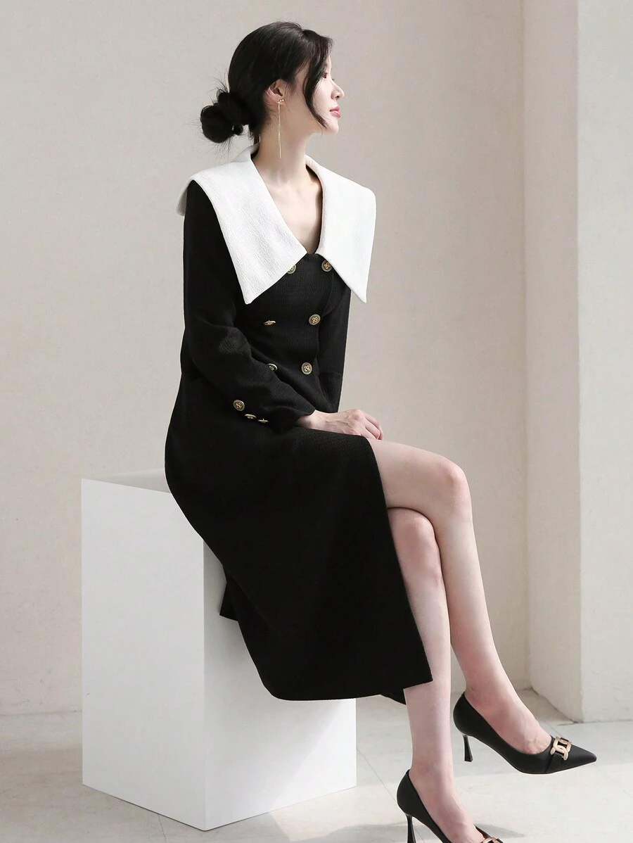 DAZY Women's Colorblock Double Breasted Turn Down Collar Dress,Fall Dress Long Sleeve Dress - Black and White - View 1