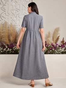 Seusyu 女士植物印花立領荷邊樣式短袖阿拉伯風格連衣裙 - 深灰色 - 查看 3