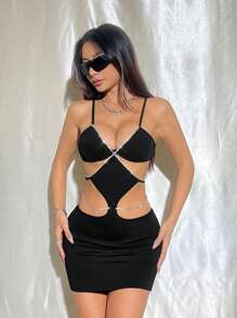 SHEIN Unity Vestido Bodycon De Tirantes Con Detalle De Cadena De Diamantes De Imitación En El Cuello - Negro - Ver 5