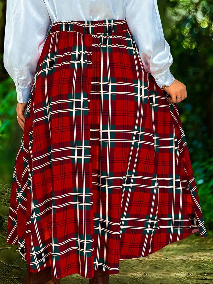 Women's Plus Size Checkered Elastic Waist A-Line Skirt Fall Cloth For Women