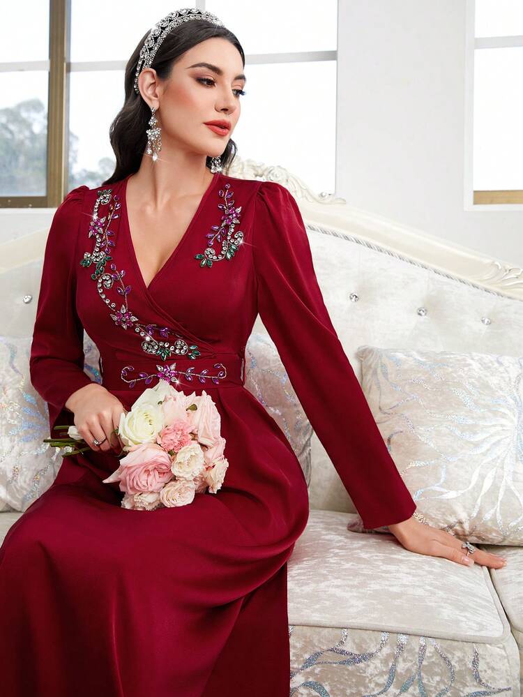 Burgundy Red Diamante Decor V-Neck Waist Cinched Dress Long Evening Dresses