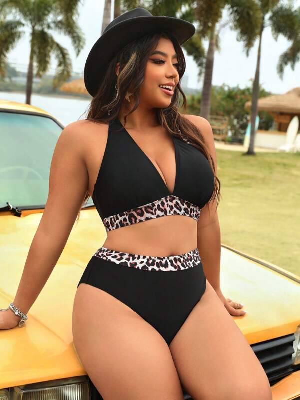 Swim Vcay 2025 Set de bikini sexy pentru femei, cu imprimeu leopard, cu cravată în față, pentru vacanța la plajă de vară