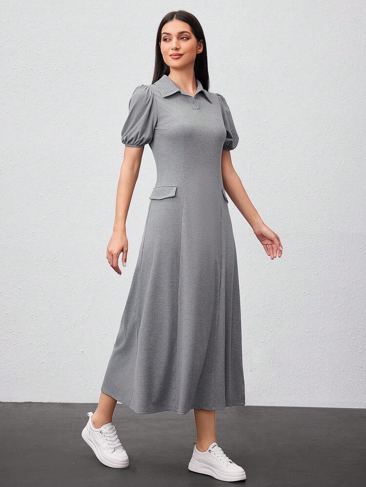 Women's Solid Color Polo Collar Short Puff Sleeve Dress
