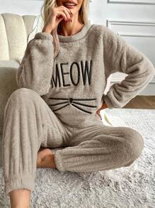 RueChic Letter Embroidery Drop Shoulder Flannel PJ Set - Apricot - View 4