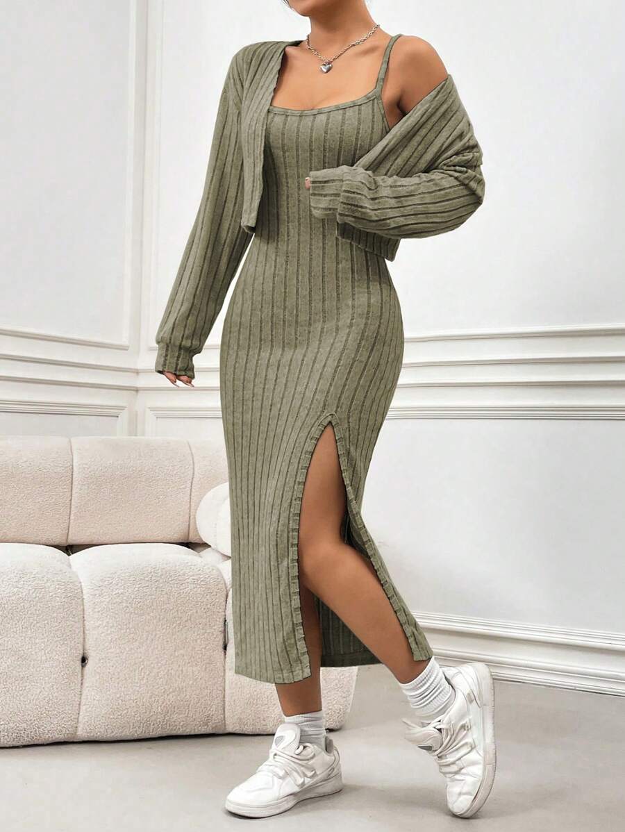 SHEIN Unity Ladies' Fleece Ribbed Sweater & Casual Simple Overall Dress 2pcs/Set Fall Cloth For Women - Army Green - View 1