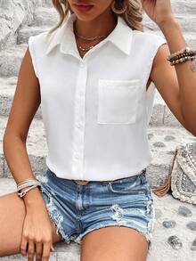 SHEIN Frenchy 女士純色無袖上衣 - 白色 - 查看 4