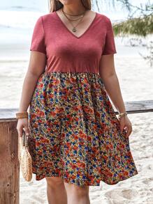 EMERY ROSE Vestido De Manga Corta Con Estampado Floral En Talla Grande Para Mujeres Con Parche De Tela - Rojo - Ver 4