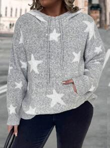 EMERY ROSE Plus Size Women Jacquard Star Pattern Kangaroo Pocket Casual Loose Knitted Pullover Sweater, Autumn/Winter - Grey - View 3