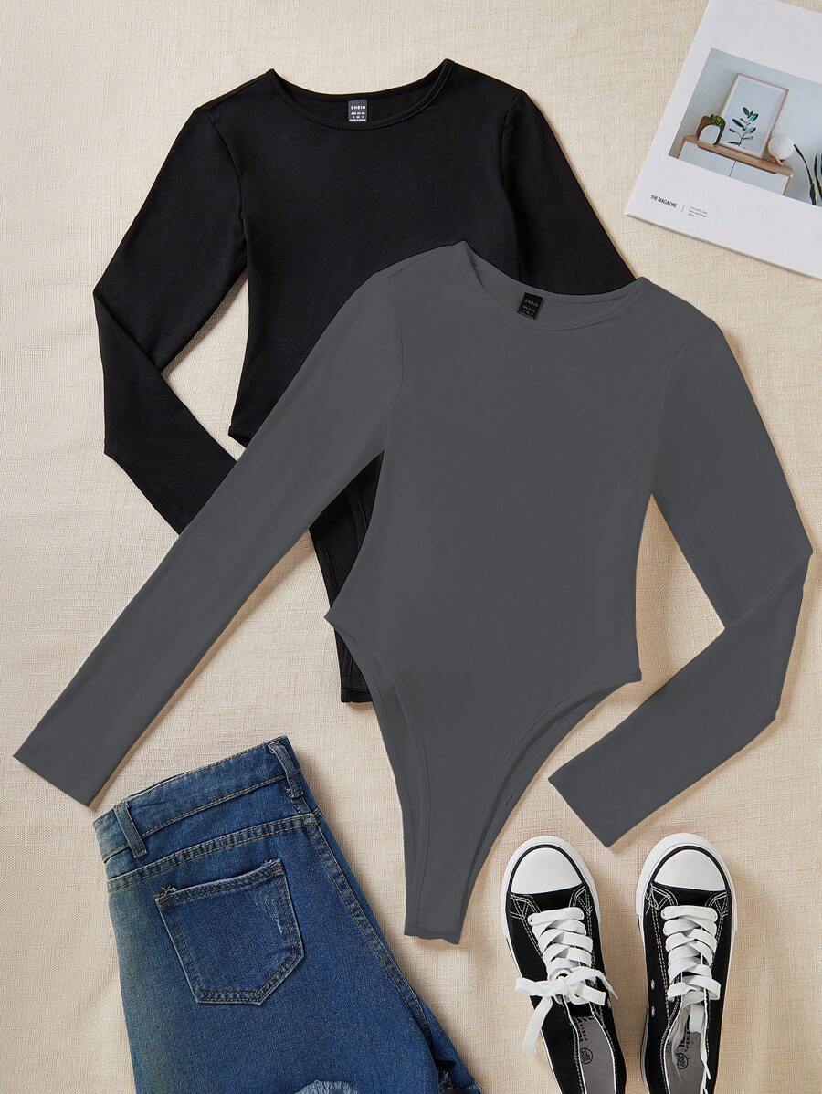 Flirla Women Bodysuits Plain Casual - Dark Grey - View 1