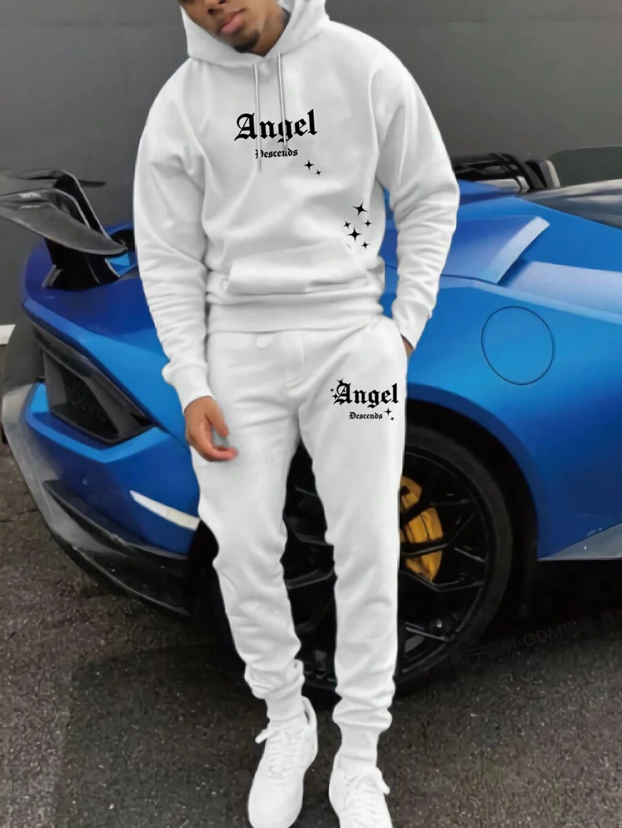 Manfinity LEGND Men's Hooded Letter Printed Sweatshirt And Sweatpants Set - White - View 1