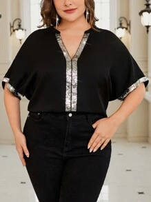 Reflora 大码优雅派对上衣，配有金箔印花教师夏季衬衫 - 黑色 - 查看 3