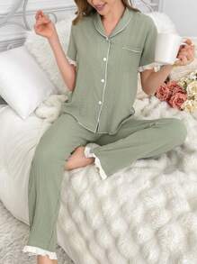 Green Nightgown Lapel Pajama Set - Green - View 1