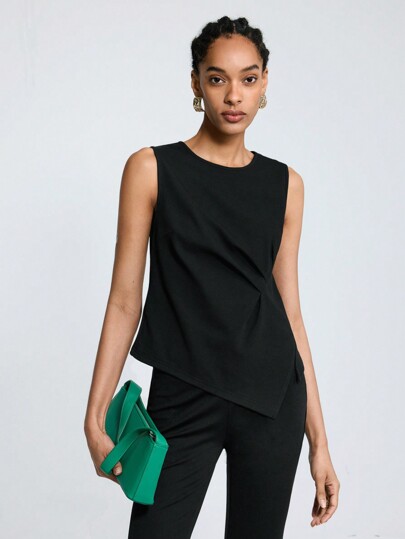 Maija Camiseta Sin Mangas Con Cuello Redondo De Ajuste Holgado En Color Sólido, Con Dobladillo Asimétrico