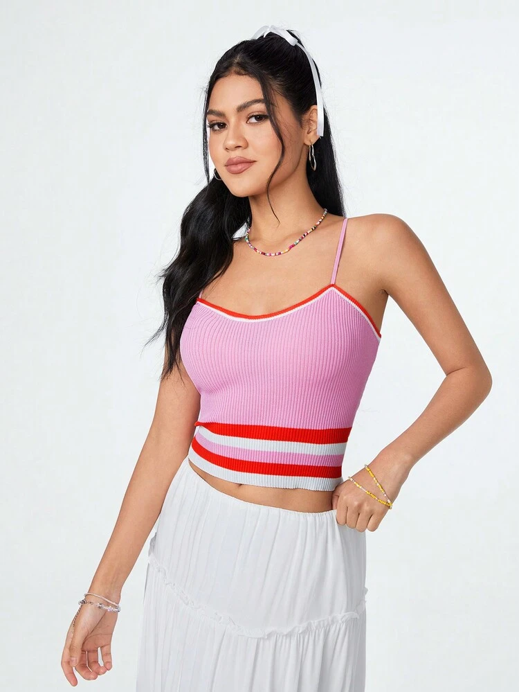 Color Block Striped Ribbed Knit Cami Top