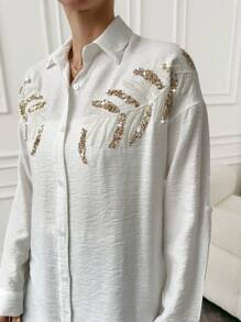 SHEIN Frauen Pailletten Patchwork Aufgeschlagene Ärmel Hemd Mit Knopfleiste