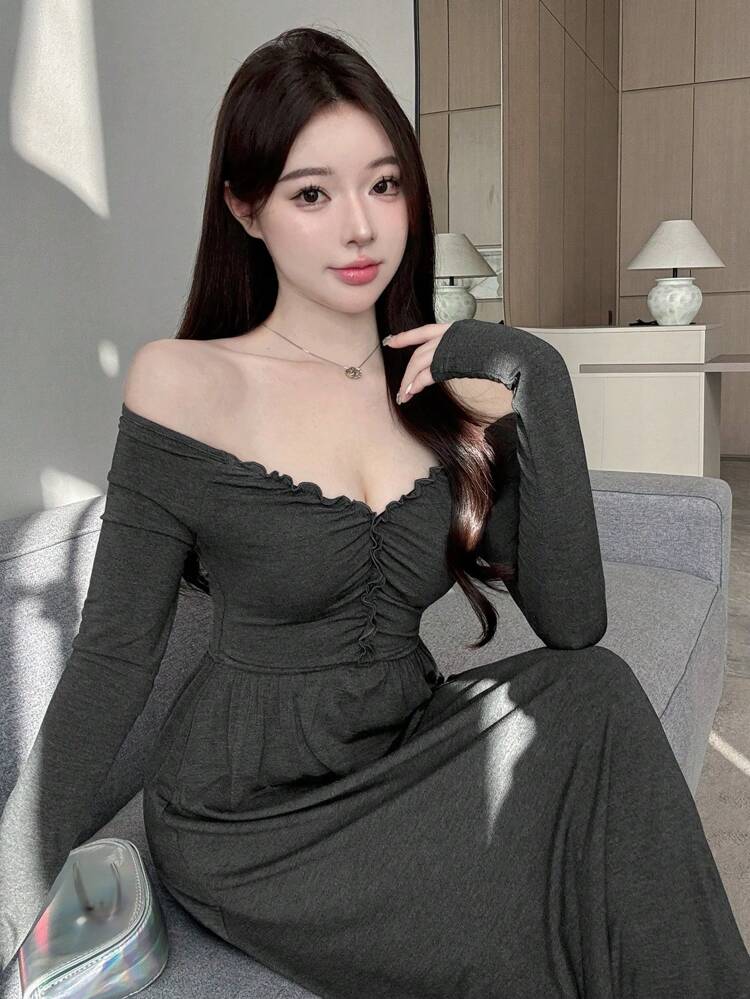 Women's Solid Color Long Sleeve Dress With Frill Hem,Fall Clothes