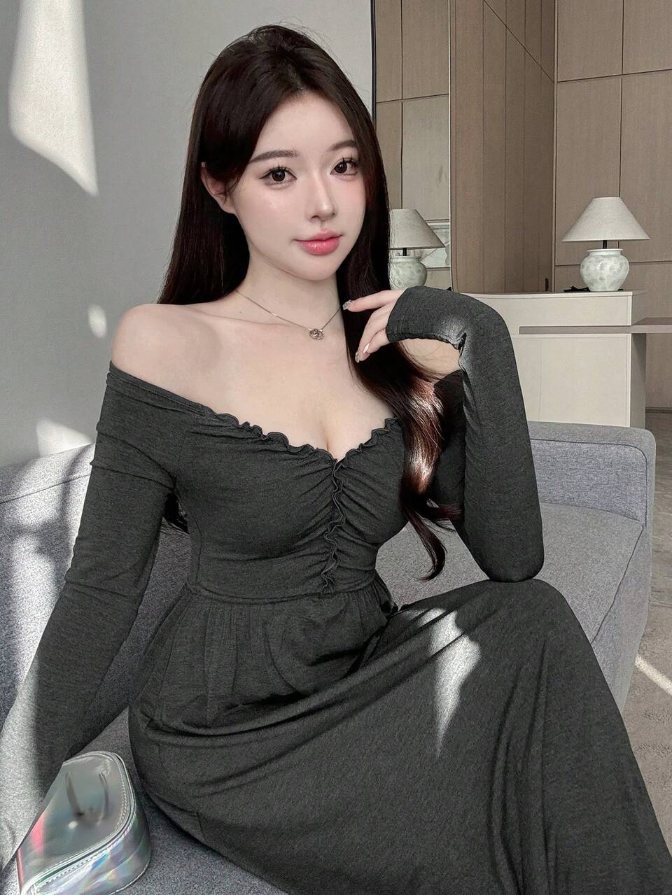 Women's Solid Color Long Sleeve Dress With Frill Hem,Fall Clothes