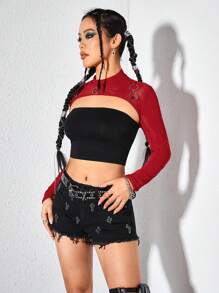 ROMWE Avant Gothic Rock Punk Style Sheer Mesh Sleeveless Top With Metallic Rings Decor - Red - View 7
