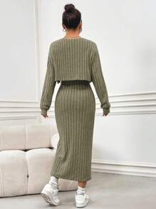 SHEIN Unity Ladies' Fleece Ribbed Sweater & Casual Simple Overall Dress 2pcs/Set Fall Cloth For Women - Army Green - View 2