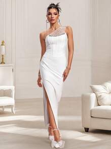 Crystal Embellished Net Yoke Asymmetric Slit Hem Satin Cocktail Dress