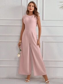 SHEIN Clasi Einfarbiger Rundhalsausschnitt Plissierten Weites Bein Jumpsuit Mit Schrägen Taschen