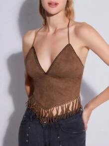 Forever 21 Của phụ nữ Nối Fringe Hem Halter Neck Buộc lại Áo ba lỗ - Màu Khaki - Xem 2