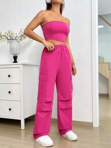 SHEIN Unity 2 件套女士纯色时尚抹胸和工装裤 - 玫紅色 - 查看 5