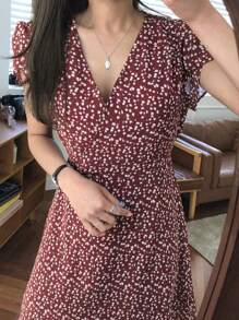 DAZY 女士碎花V领系腰连衣裙夏季吊带裙度假装 - 紅色 - 查看 6