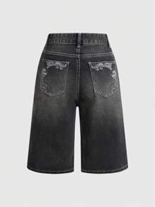 ROMWE Grunge Punk Quần short denim dáng rộng dành cho nữ với họa tiết thêu cổ điển, đầu lâu, cánh, dây leo, trường học - màu đen - Xem 5