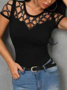 SHEIN LUNE 女士鑽石裝飾空心短袖t恤