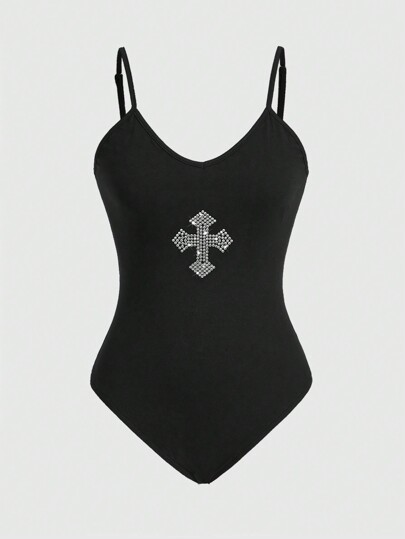 Goth Fashionable Cross & Rhinestone Decor Women's Bodysuit