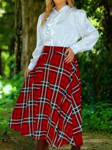 SHEIN Clasi Rok Ukuran Plus Berikat Kantong Tombol Depan tartan - MultiWarna - View 3