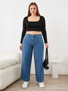 SHEIN Cottnline Plus Size Women's Jeans With Pockets - Medium Wash - View 3