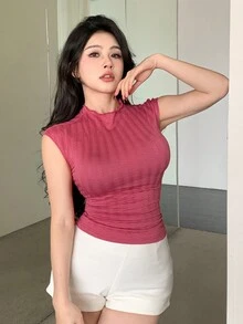 DAZY 女士緊身紋理面料基礎層級t恤 - 玫紅色 - 查看 4