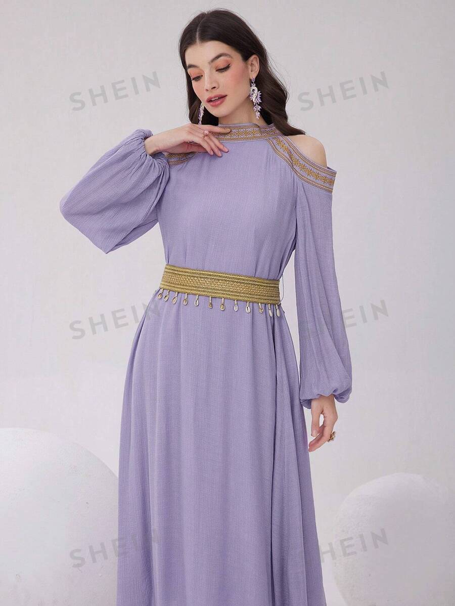 Modelyn Vestido largo de noche para mujer con hombros descubiertos, decoración de cinta tejida y conchas