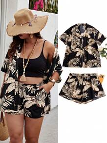 SHEIN Clasi Bộ áo phông Boho in họa tiết ngẫu nhiên cỡ lớn mùa hè có tay trễ vai và quần short - màu đen - Xem 5