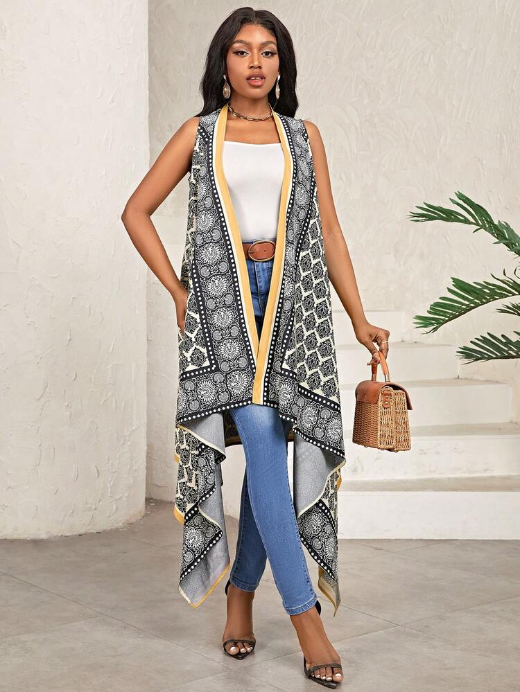 Full Printed Sleeveless Asymmetrical Hem Blouse