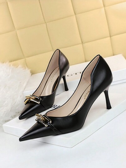 Fall/Winter 2025 European And American Style Elegant Women's High Heels With Thin Heels, Low Vamp, Pointed Toe, Metallic Buckle Decoration,Women Pumps,Elegent