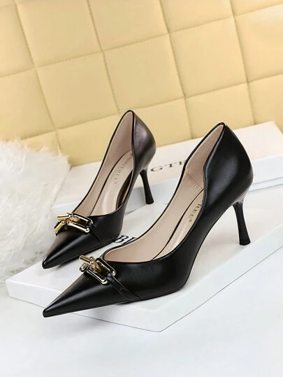 Fall/Winter 2025 European And American Style Elegant Women's High Heels With Thin Heels, Low Vamp, Pointed Toe, Metallic Buckle Decoration,Women Pumps,Elegant