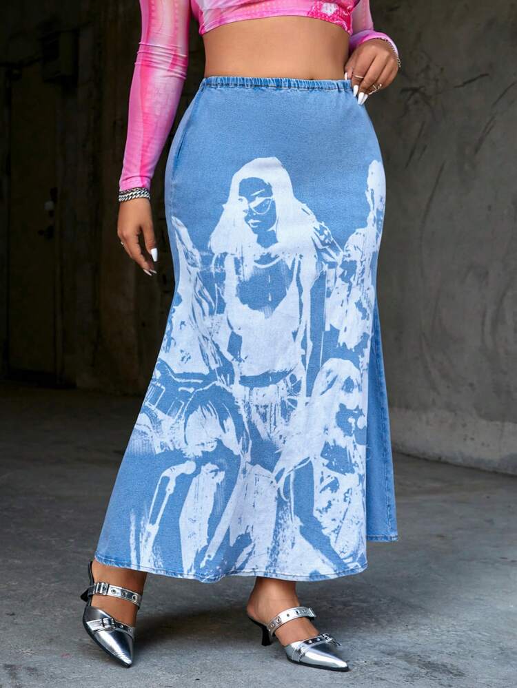 Plus Size Women's Y2k Street Style Printed Denim Long Mermaid Skirt With Butt Lifting Design