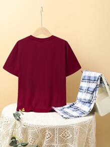 SHEIN 2pcs/Set Tween Boys' Casual Round Neck Short Sleeve T-Shirt And Plaid Pants Homewear Set - Burgundy - View 11