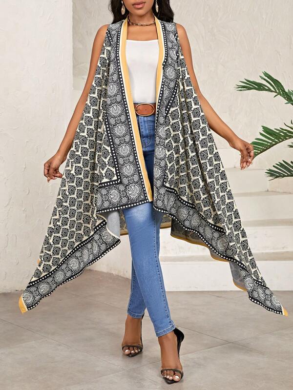 SHEIN Lady Blouse Volantée Imprimée Sans Manches À Ourlet Asymétrique